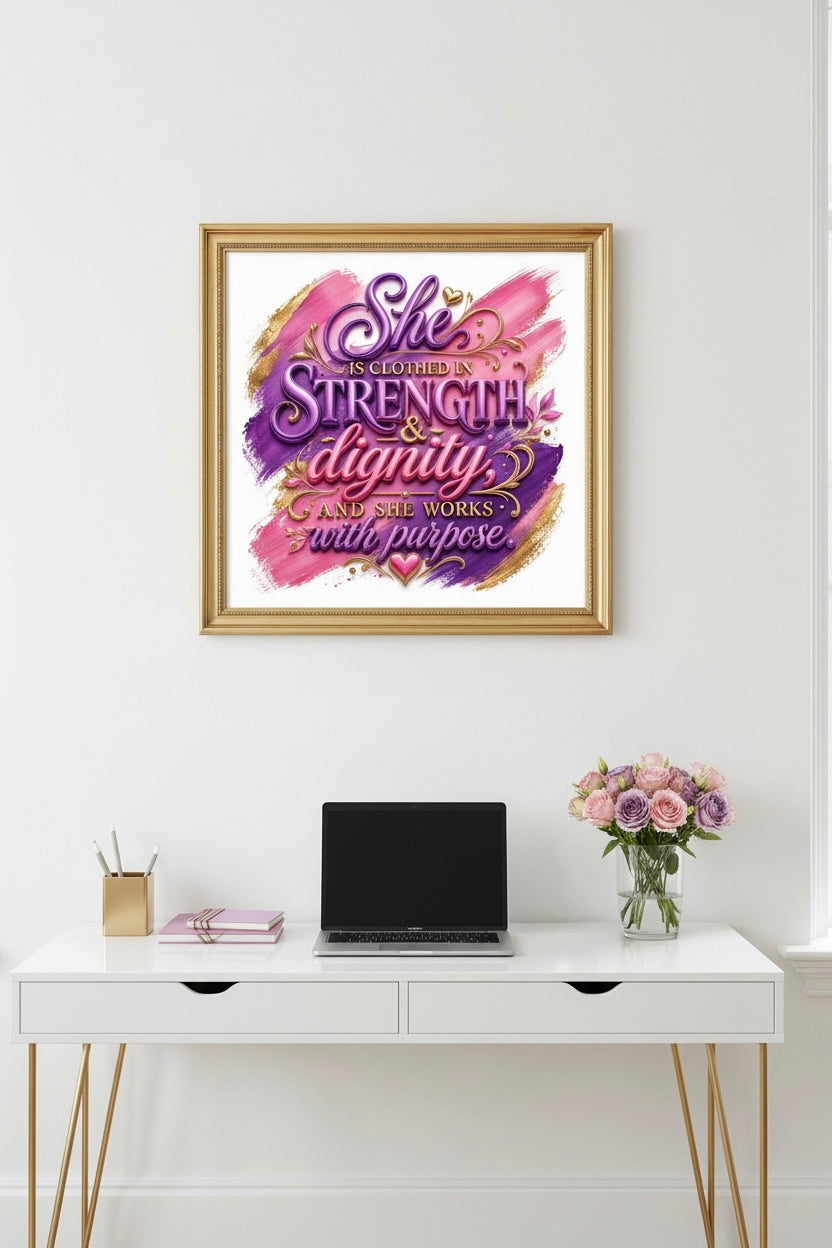 She is Clothed in Strength & Dignity – Pink Christian Office Wall Art | Instant Download