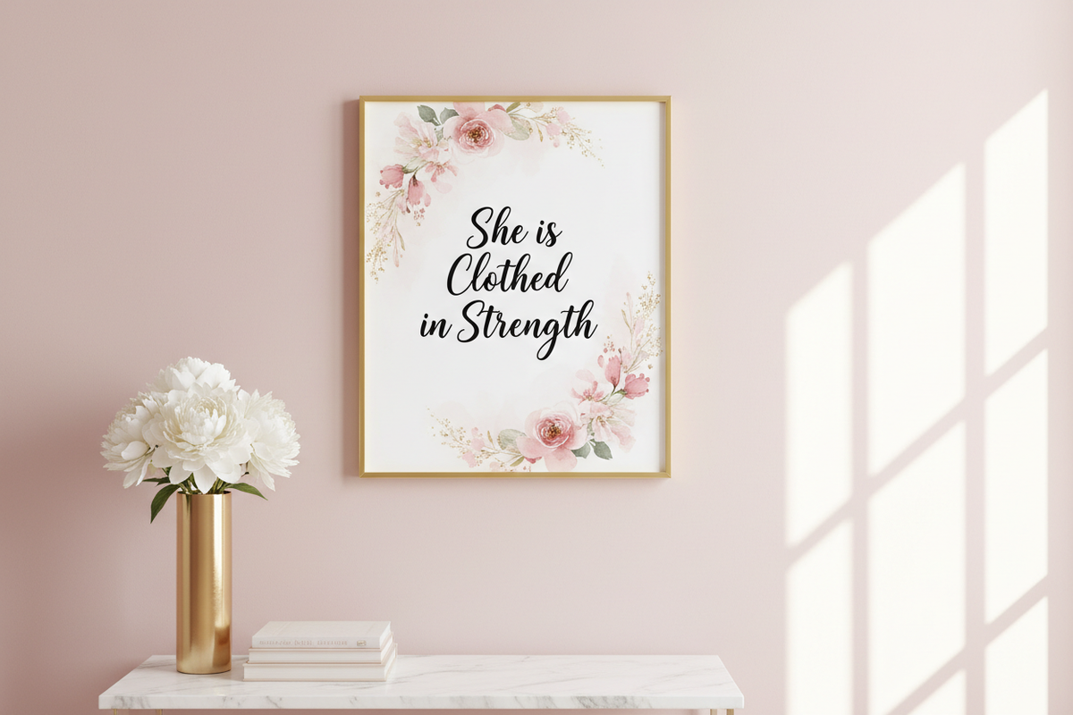 She is Clothed in Strength Christian Wall Art Lifestyle Mockup