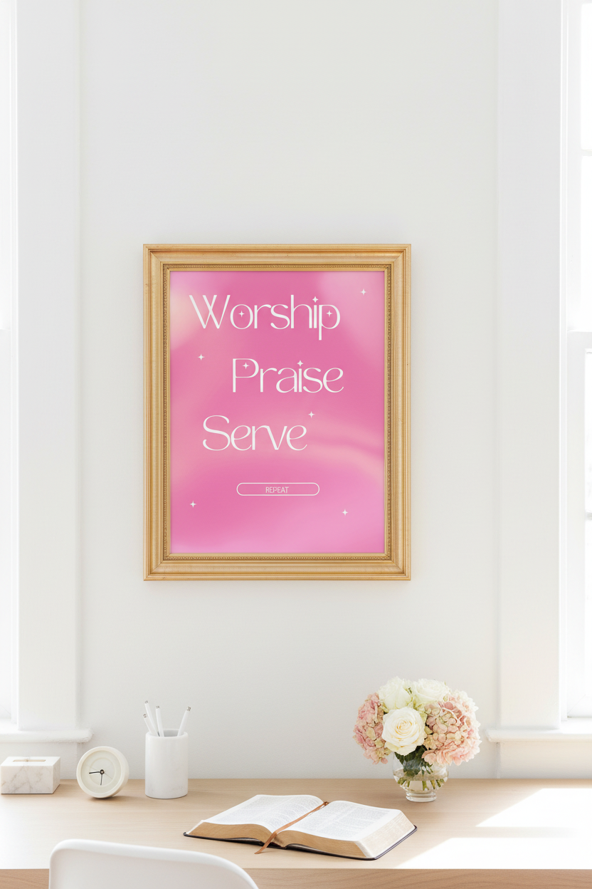 Worship Praise Serve Repeat – Thick Gold Frame Mockup